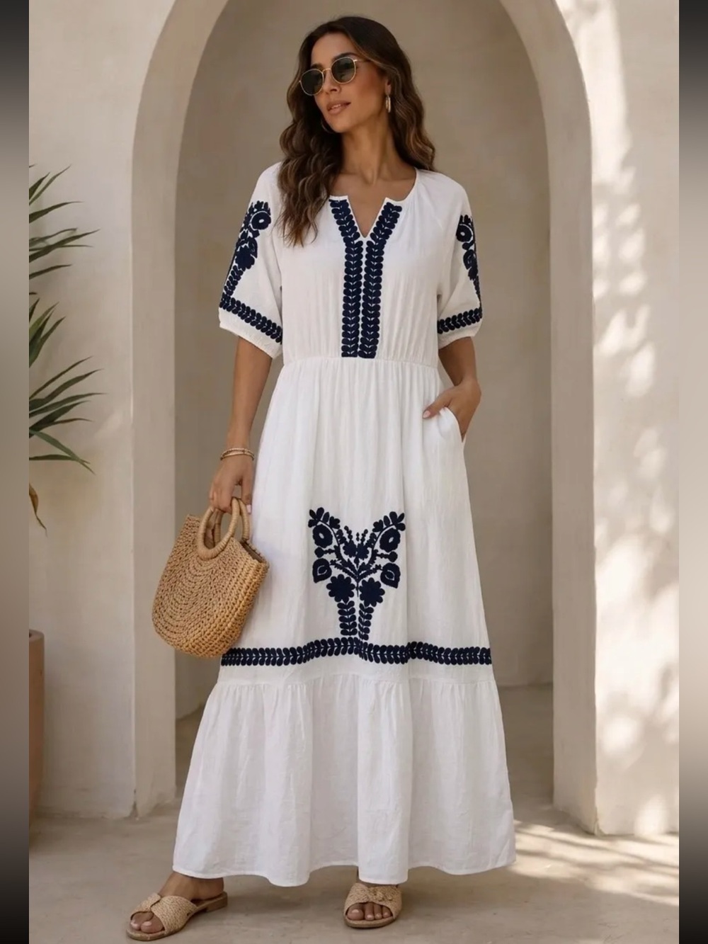 FROM PARIS FRANCE 🇫🇷 Boho Embroidered White Maxi Dress with Navy Detail